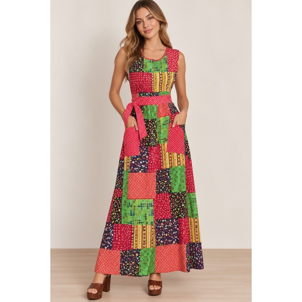 Vtg 70s Kenton Collection Patchwork Maxi Apron Dress Cotton Floral Retro S